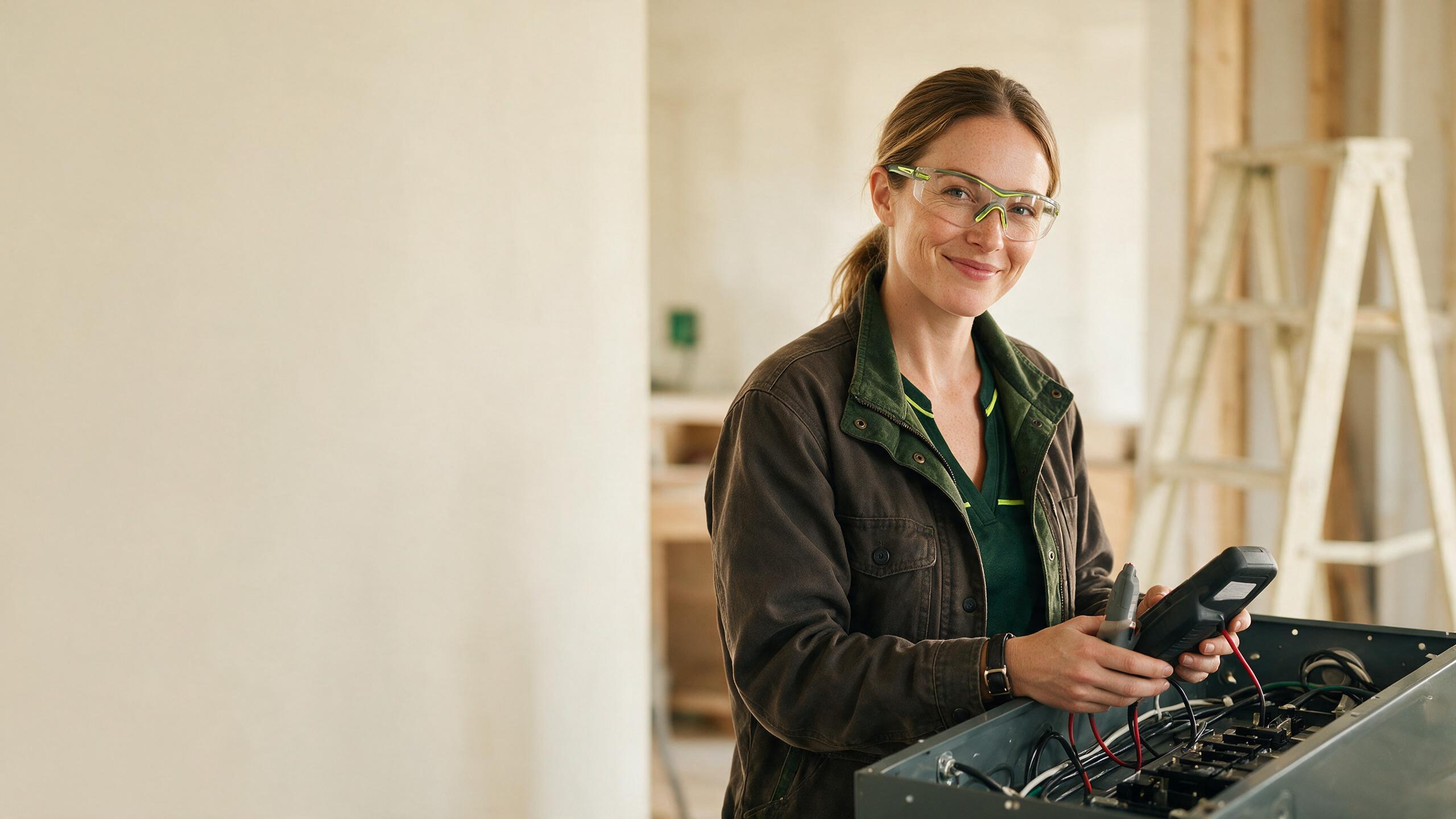 An electrician testing a breaker panel with a multimeter, representing Karaji websites for electrical contractors