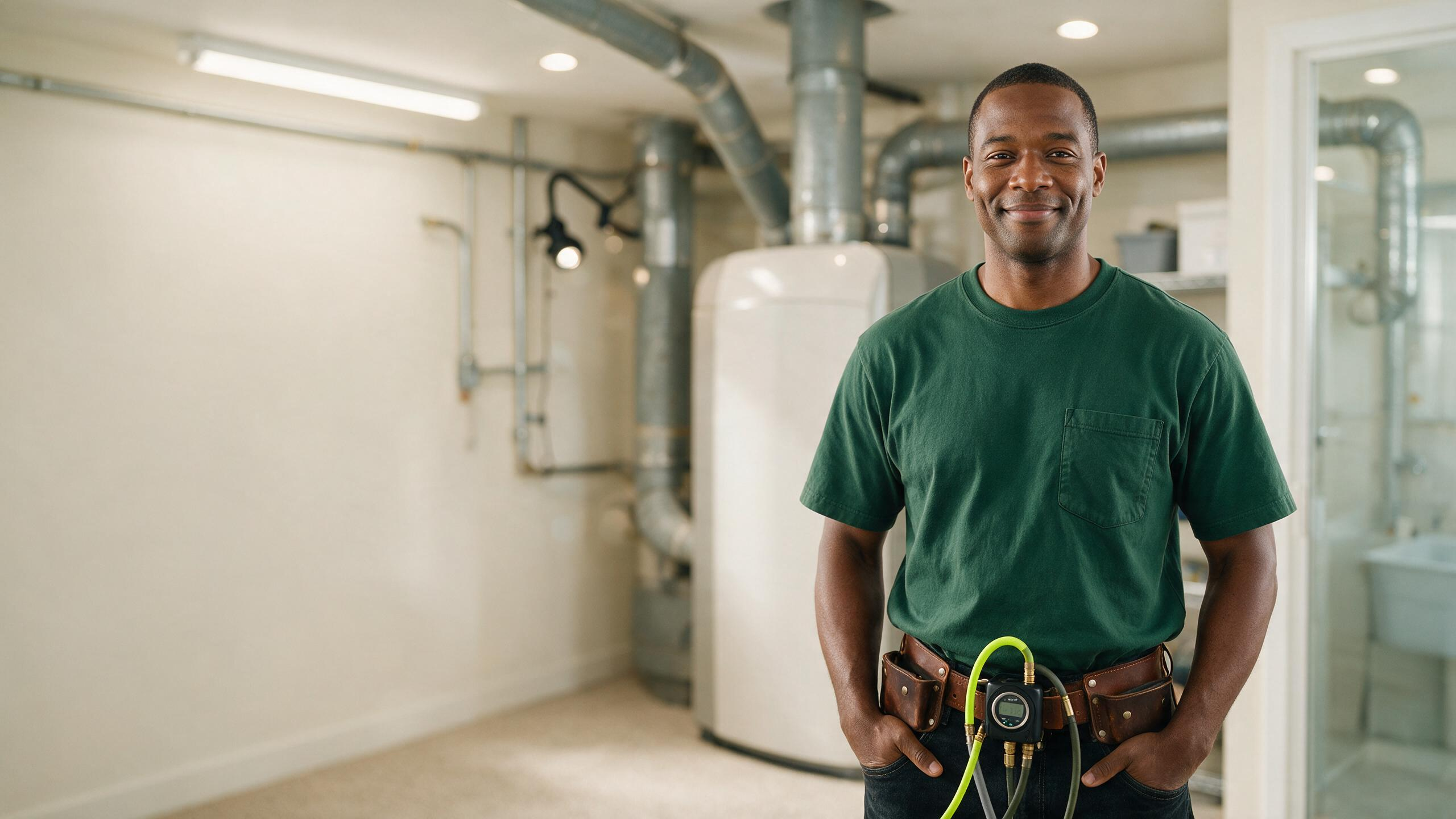 An HVAC technician with manifold gauges in a utility room, representing Karaji websites for heating and cooling companies