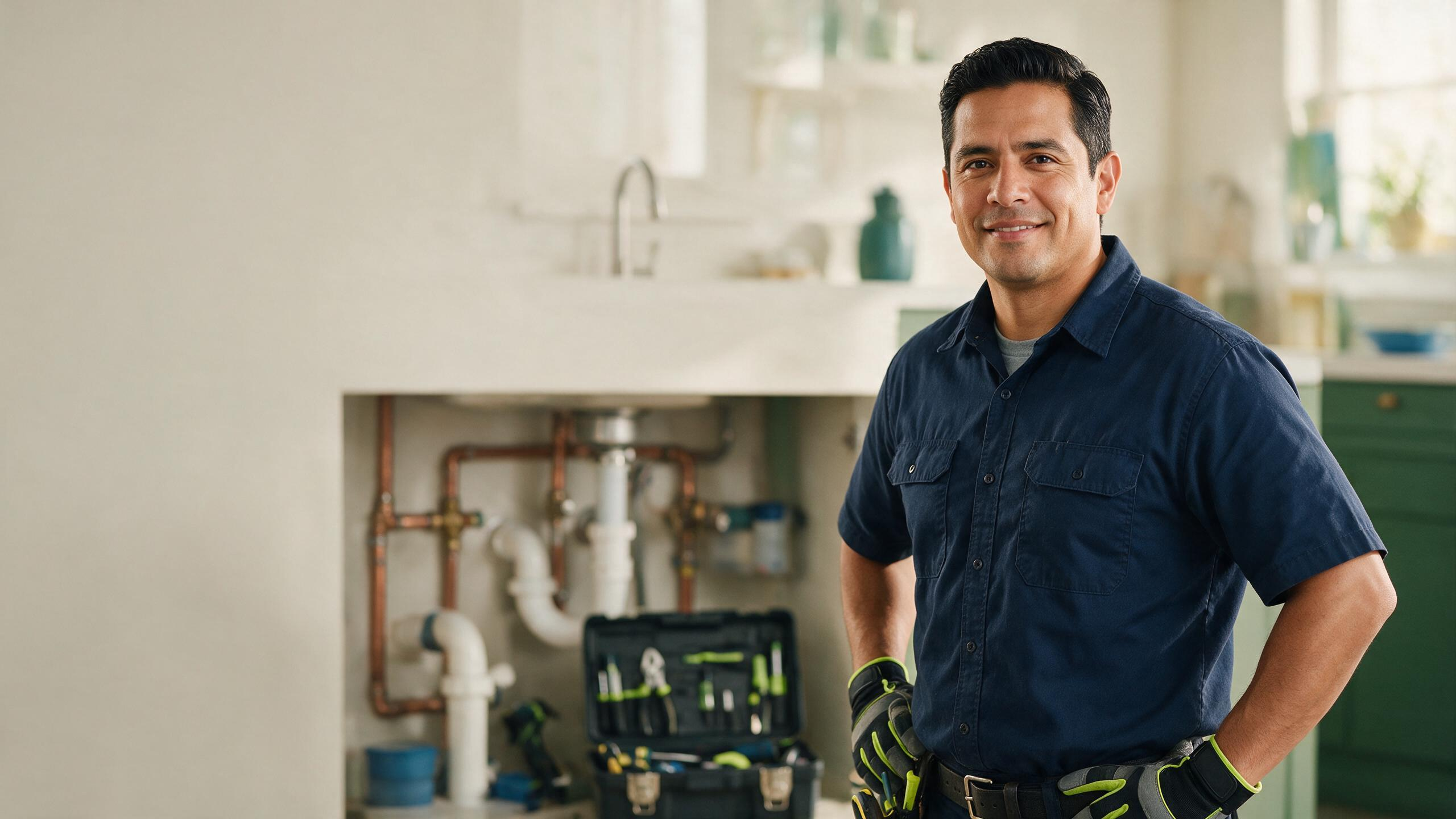 A plumber in a kitchen with exposed piping and tools, representing Karaji websites for plumbing companies