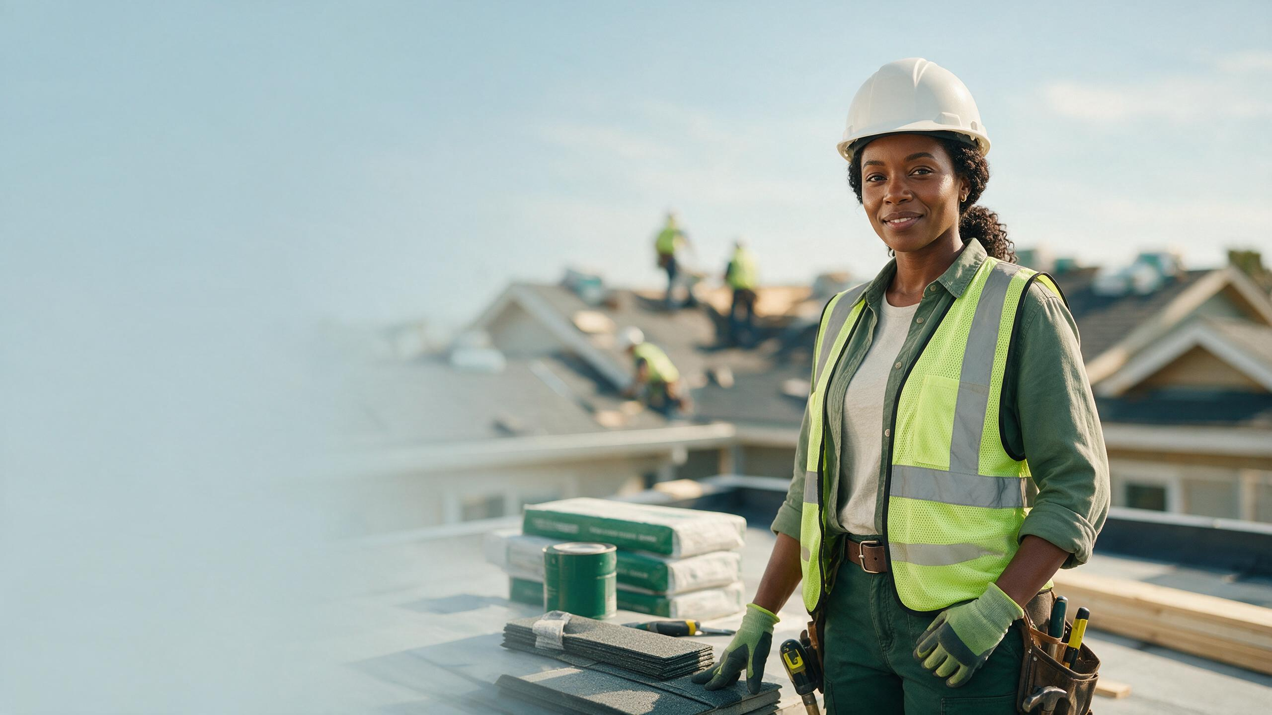 A roofing professional on a residential rooftop with shingles, representing Karaji websites for roofing companies